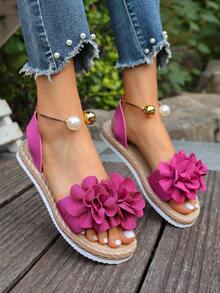 Floral Beach Slip-On Sandals For Women, Sweet Bohemian Style, Versatile For Beach Vacation, Non-Slip Soft Sole - Plum Red - View 3