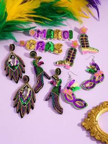 2件/4件装嘉年华亮片耳环，紫色、绿色和金色亮片高跟鞋，羽毛字母靴，面具耳环，适合嘉年华庆祝活动（手工制作，略有差异） - 彩色 - 查看 10
