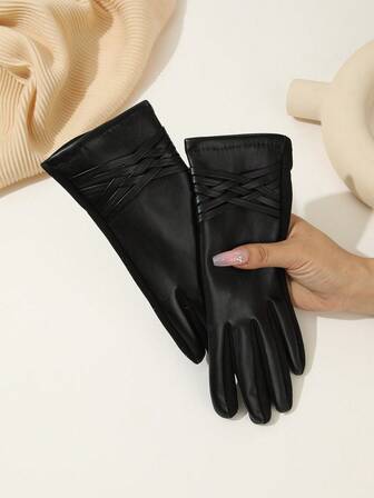 1 par de guantes de mujer nuevos de piel sintética marrón, con puño de felpa tejida densamente, diseño trenzado de PU, elegantes y de moda, con capacidad táctil, adecuados para salidas casuales, caminar, ciclismo y conducir en invierno