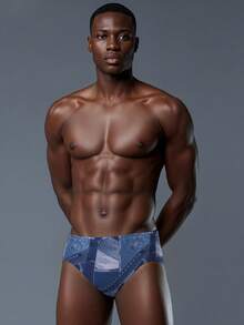 Men's Casual Distressed Plaid Patchwork Triangle Swim Trunks, Summer - Dusty Blue - View 1