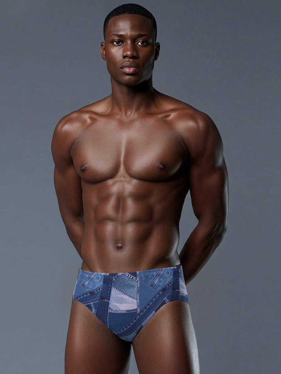 Men's Casual Distressed Plaid Patchwork Triangle Swim Trunks, Summer - Dusty Blue - View 1