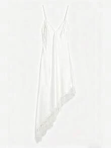Women Lace Satin Cami Dress Y2k Spaghetti Strap V Neck Silk Midi Dress Asymmetrical Hem Slip Dresses For Party Club - 白色 - 查看 3