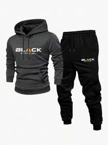 2 Pcs Set  Geometric    Spring/Fall  Winter    Regular Fit    Pocket  Drawstring    Going Out    Christmas    Men's Fleece Hoodie And Pants Set  Men's Clothing For Cold Weather - 深灰色+黑色-002 - 查看 6