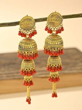 时尚红色耳环，复古宝莱坞风格酒红色首饰，适合女性日常佩戴