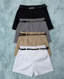 Set Of 3 Women's Plus Size Tailored Shorts With High Waist And Belt - On - đen/xám/be/trắng - Xem 2
