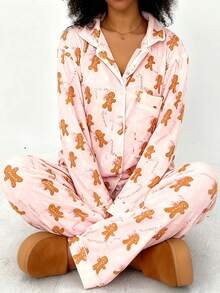 2Pcs Christmas Pajamas Sets For Women Long Sleeve Gingerbread Man Print Fleece Tops With Elastic Waist Pants Sleepwear - 粉色 - 查看 2