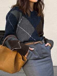 Live To Mo 女士菱形图案长袖毛衣，休闲商务风，简约设计，日常穿搭必备，春/冬季款 - 藏蓝色 - 查看 8