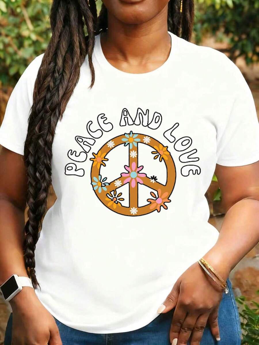 Women Festival Peace And Love Symbol With Flowers Printed T Shirt Fashion Casual Round Neck Top For Everyday Wear Outdoors And Leisure Activities - trắng - Xem 1