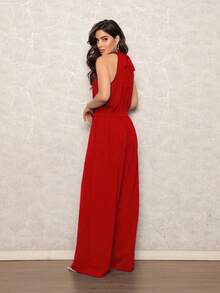 Women's Jumpsuit With Belt And Pocket - 紅色 - 查看 3
