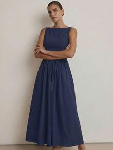 MODA MO, REF: H978 Women's Dress, Long Dress, Sleeveless, Round Neckline, High Waist, Open Back, Dress With Zipper, Slim Fit, A-Line Dress, Elegant, Modern, Lightweight, Comfortable, Versatile, Refined Look, Casual Chic Dress, Dress For Events, Sophisticated Look, Summer Dress, Quality Finish, Feminine Style. - 藏蓝色 - 查看 5