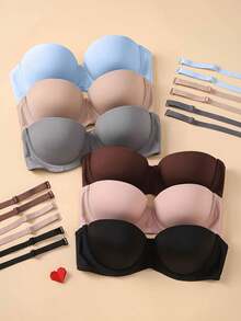6件套女士无肩带露背加厚文胸，适合搭配婚纱、露肩夏季服装，不可拆卸衬里，尼龙弹力混纺面料。 - 彩色 - 查看 5