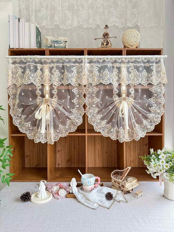 2pcs,Lace Embroidered Perforated Ribbon Double-Layer Lift Roman Blind For Small Windows,Kitchen,Home Room, Household Curtain Top Valance Creative Decor