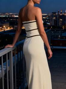 女士优雅蝴蝶结条纹露肩长款无袖紧身中长毛衣裙，配色针织连衣裙，系带下摆，性感派对罗纹吊带长裙，撞色海滩白裙，春夏秋季