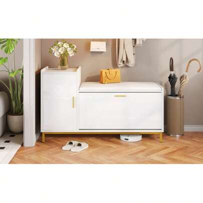 100*38*68cm Shoe Cabinet/Shoe Rack With 2 Compartments, 1 Cabinet, High-Gloss Shoe Bench/Bench With Upholstered Seat And Storage, Metal Feet, Suitable For Living Room, Hallway, Office, White + Gold