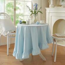 1pc Ruffled Ins Style Tablecloth, White Picnic Background Cloth, Floral Edge Round Tablecloth, Dessert Display Tabletop Cloth, Tea Table Cloth - Multicolor - View 3