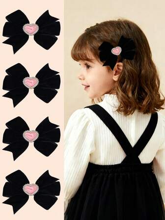 2pcs Black Velvet Bow Hair Clips For Girls Pink Heart Rhinestone Hair Barrettes Soft Velvet Hair Bows Sweet Girls Alligator Clips Casual Autumn Winter Hairpin Teens Hair Accessories