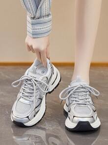 Women's Chunky Sneakers, New Versatile Casual Comfortable Breathable Running Fitness Shoes - Silver - View 5