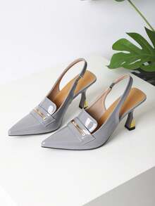 Women's Gray Patent Leather Slingback Heels Pointed Toe Heel Pumps - Xám - Xem 16