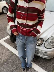 FOR BEAUTY Autumn/Winter Round Neck Long Sleeve Striped Knit Sweater, New Fashionable Design, Daily Commute Versatile Cardigan, Soft Casual Loose Style, Sweater, New Year & Valentine's Day Gift - Red and Brown - View 3