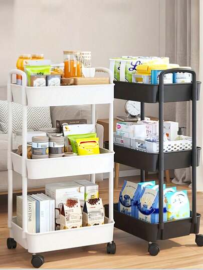 3-Tier Rolling Storage Cart With Armrests - Versatile Floor Stand For Kitchen & Bathroom, Movable Drain Shelf, For Return School
