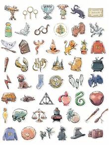Harry Potter 50 Stück Vintage Aquarell Graffiti Aufkleber,  Film- und Buchreihe, Abenteuer in , Dobby, Elf, Goldener Schnatz Quidditch Klatscher Zaubertränke Sprechender Hut Besen Feuerblitz. Wasserfeste Vinyl-Aufkleber für Wasserflasche, Laptop, Stoßstange, Wasserflasche, Computer, Handy, Hut, Auto, lustige Aufkleber für Jugendliche, Erwachsene, Schule. - Verschiedenfarbig - Übersicht 4