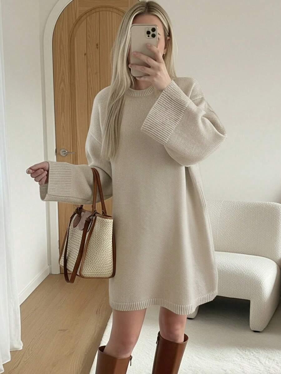 女秋冬韩版优雅宽松毛衣裙灰色圆领长袖简约休闲舒适穿着适合日常外出 - 淺卡其 - 查看 1