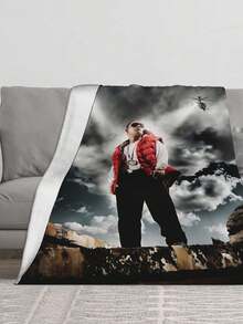 1pcs Soft Personalised Wisin Merch Yandel Flannel Thick Blanket, Suitable For Sofa, Bed, Living Room, Travel, Office, Shawl, Nap Blanket, Air Conditioning Blanket, Bed Sheet, Camping, Ideal Gift, Daily Gift - màu đen - Xem 2