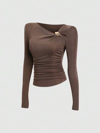 复古美式设计不对称肩部T恤，修身女式T恤，春夏上衣，优雅女士休闲装