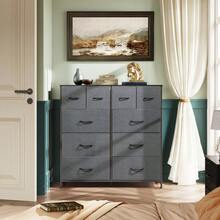 Dresser For Bedroom With 10 Drawers, Wide Fabric Dresser For Storage And Organization, Chest Of Drawers For Living Room, Hallway, Closet, Rustic Brown Wood Grain Print - 深灰色 - 查看 3