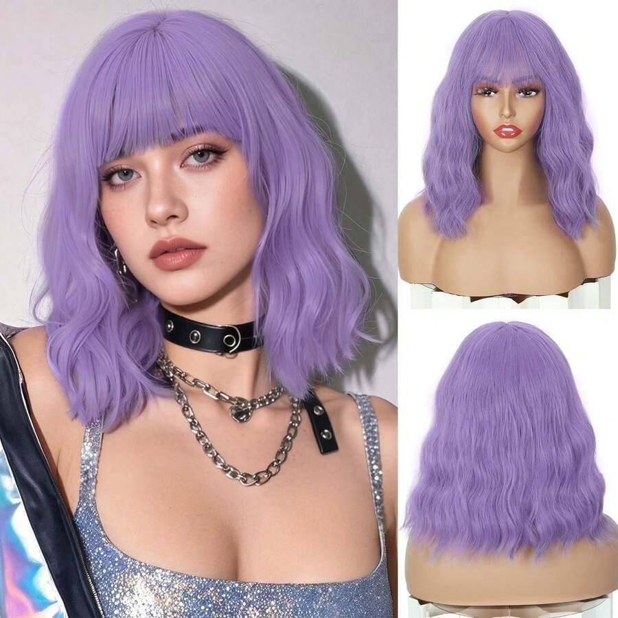 BARSDAR 12 Inch Purple Short Bob Wigs With Bangs For Women Loose Wavy Wig Curly Wavy Shoulder Length Bob Synthetic Cosplay Wig For Girl Colorful Costume Wigs - Màu tím - Xem 1