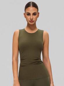 Women's Ribbed Sports Camisole, Crew Neck Sleeveless, Side Ruched Design, Skin-Friendly Breathable, Suitable For Yoga, Fitness And Casual Wear - Olive Green - View 6