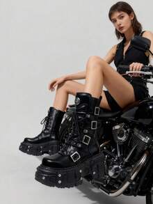Goth Platform Chunky Boots For Women Lace Up Round Toe Rivet Combat Boots Daily Casual Cosplay Or Gothic Dresses Halloween Concert Festival Mid-Calf Boots - 黑色 - 查看 2