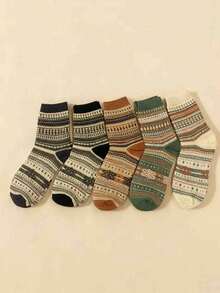 5pcs/3pcs/1pc Vintage Mid-Calf Socks, Comfortable Christmas/Thanksgiving/New Year Gift, Random Assortment