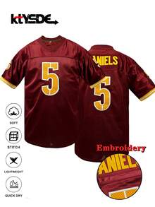 KTYSDE Men's #5 Retro American Football Jersey, Washington Classic Embroidered Design, V-Neck Loose Fit Short Sleeve Sports Top - American Football Uniform, Suitable For Casual Everyday Wear, Match Training, Streetwear Style, Christmas Gift, Unisex - 酒紅色 - 查看 1