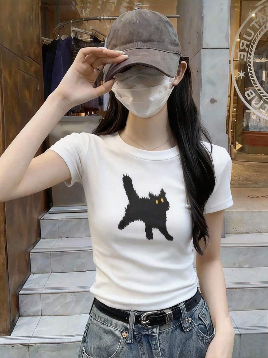Round Neck Short Sleeve T-Shirt, American Style, New Summer Cat Print, Fitted Cropped Women's Top - White - View 1
