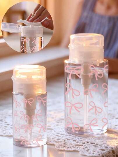 150ml/200ml/300ml Nail Art Pump Dispenser Bottle, Pink Bow Pattern Clear Press Bottle, Alcohol Nail Polish Remover Cleaning Liquid Storage Container, Large Capacity Make-Up Remover Empty BottleReusable, Nail Polish Remover, Push Down Pump Dispenser, Empty Cosmetic Acetone Container Travel Bottle Pump Travel Accessories,Makeup Accessories Dormitory Bathroom Essentials