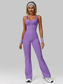 MFVIM 低领喇叭瑜伽连体裤，提臀紧身塑形瑜伽服，修饰肩颈线条，户外跑步瑜伽健身紧身衣 - 紫色 - 查看 9