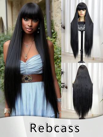 Extra Long Straight Wigs With Bangs - 36 Inch Black Color Off Straight Hair Daily Costume Wig For Women, Soft Light Synthetic Hair Replacement Wigs Heat Resistant Beginner Friendly Daily Used Gifts For Women Christmas Decorations Christmas Gifts Costume Wig