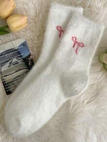 5双毛绒绒中筒袜，保护脚踝，保暖柔软舒适，可爱蝴蝶结设计，适合居家、睡眠、秋冬季节、圣诞节、情人节礼物（5双/1双可选） - 彩色 - 查看 12