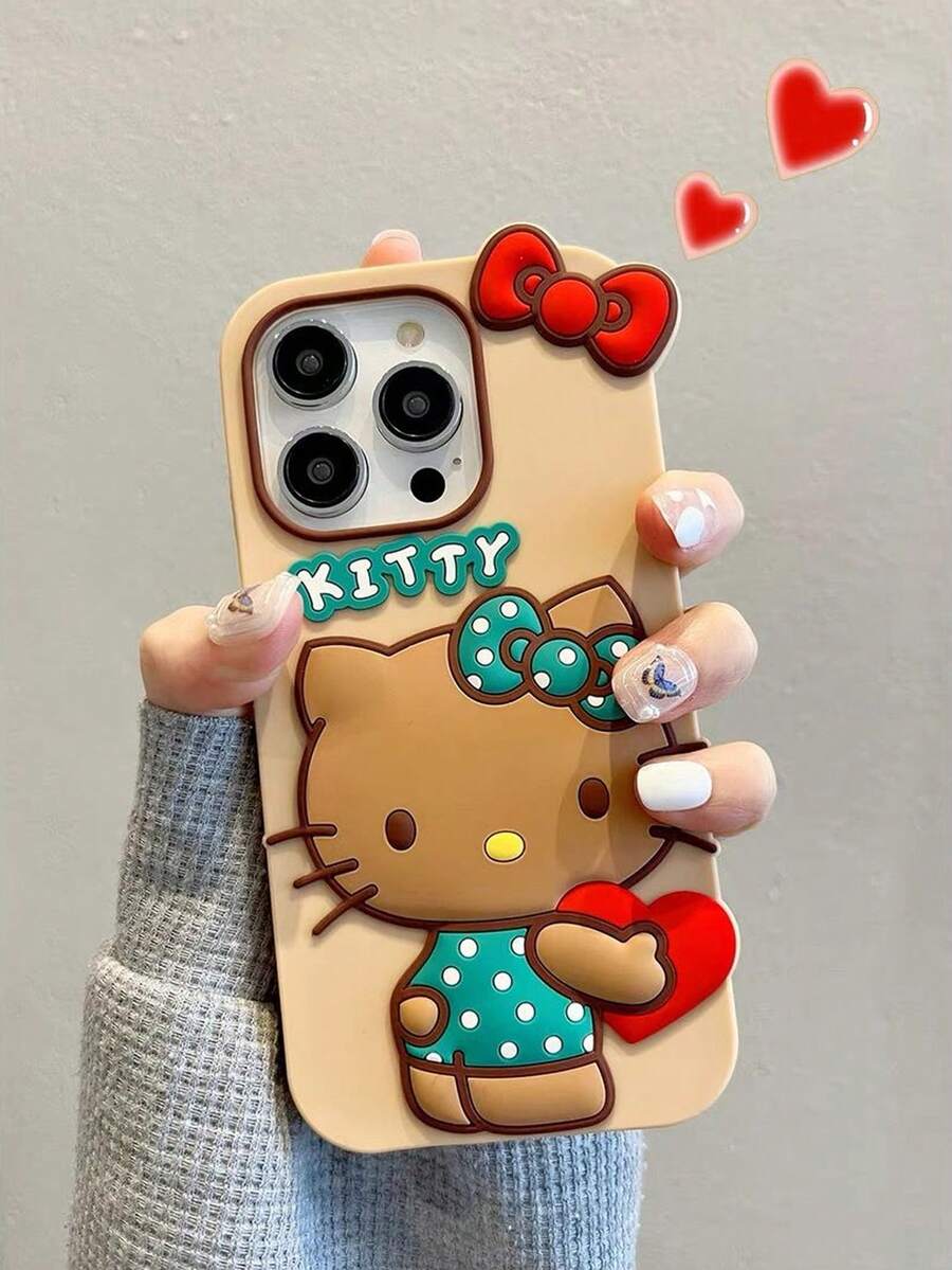 SANRIO 1个时尚创意蝴蝶结、爱心、小猫印花棕色三丽鸥硅胶防水防震保护手机壳，兼容苹果17系列、11/12/12 Pro、13/14/15、13 Pro/14 Pro/15 Pro、12 Pro Max/13 Pro Max/14 Pro Max/15 Pro Max、16、16 Pro、16 Pro Max、17、17 Pro、17 Pro Max - 棕色 - 查看 1