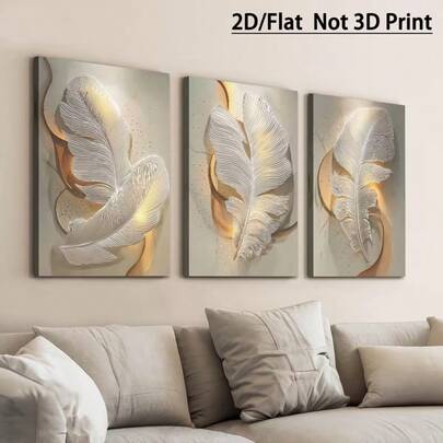 3pcs, Unframed Feather Canvas Painting And Posters, Modern Minimalist Fashion, Light Luxury White Feather, Home Decor, Wall Art, Room Decoration, Holiday Gift, Living Room, Bedroom, Office Hanging Picture, 2D Flat