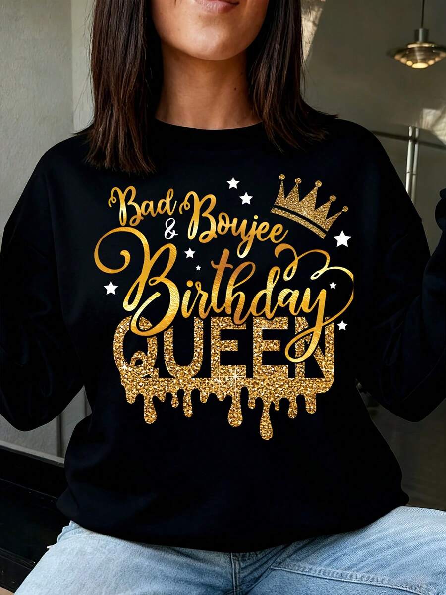 Bad Boujee Birthday Queen Glitter Crown Sweatshirt For Women Celebrate Birthday Party Gift Idea - 黑色 - 查看 1