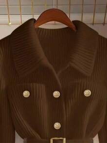 Women's Elegant Casual Knitted Cardigan, Solid Color Minimalist Sweater Jacket, Thick, Fashionable Commuter Chic Sweater With Belt, Women's Streetwear, Suitable For Parties, Evenings, Weddings, New Year, Thanksgiving, Christmas - Coffee Brown - View 4