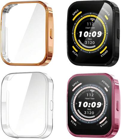 4 Pack Amazfit Bip Case, 2.5D Definition Clear Screen Protector, -Around TPU Flexible Protective Cover (+Rose Gold+Silver+Clear)