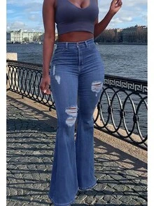 TodTan Women Ripped Flared Jeans High Waisted Bell Bottom Jeans Destroyed Denim Pants - 藍d - 查看 10