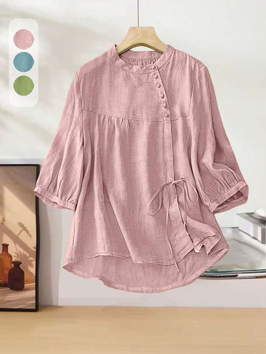 大码女式纯色休闲衬衫，情人节衬衫，女式秋季服装 - 粉色 - 查看 1