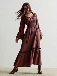 Rusttydustty 女士波西米亚风V领长袖棕色度假连衣裙，带流苏，适合度假、新年及其他场合 - 棕色 - 查看 3