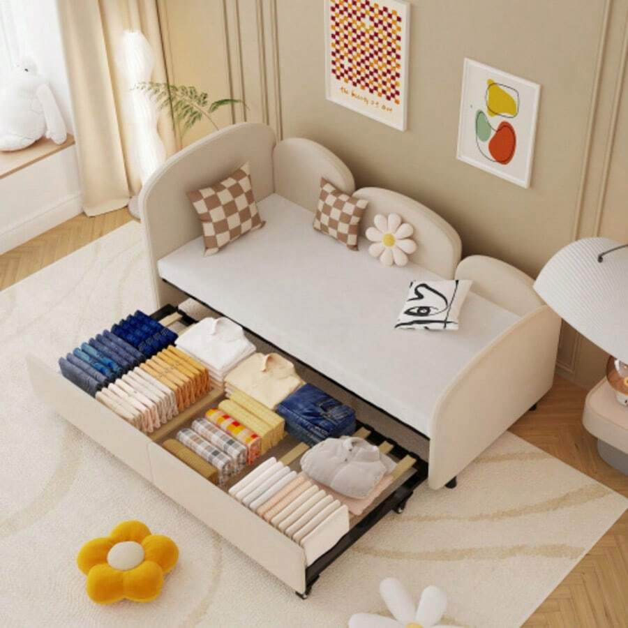 SOFTSEA Twin Size Dormeuse con cassetti portaoggetti, Velluto gepolstert Dormeuse, Schlafzimmer Wohnzimmer Divano letto moderno Daybed Frame für Wohnzimmer, Kinderzimmer, Schlafzimmer,Modern Style - Beige - Visualizzare 1
