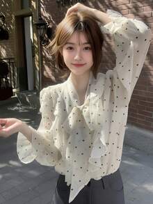 法式荷叶边爱心波点印花宽松蝴蝶结长袖衬衫 - 杏色 - 查看 1