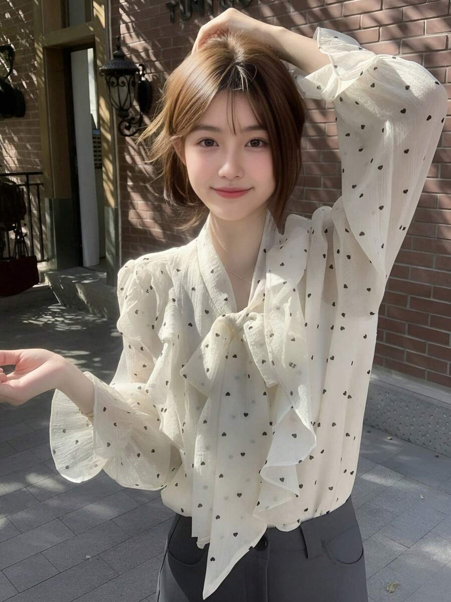 法式荷叶边爱心波点印花宽松蝴蝶结长袖衬衫 - 杏色 - 查看 1